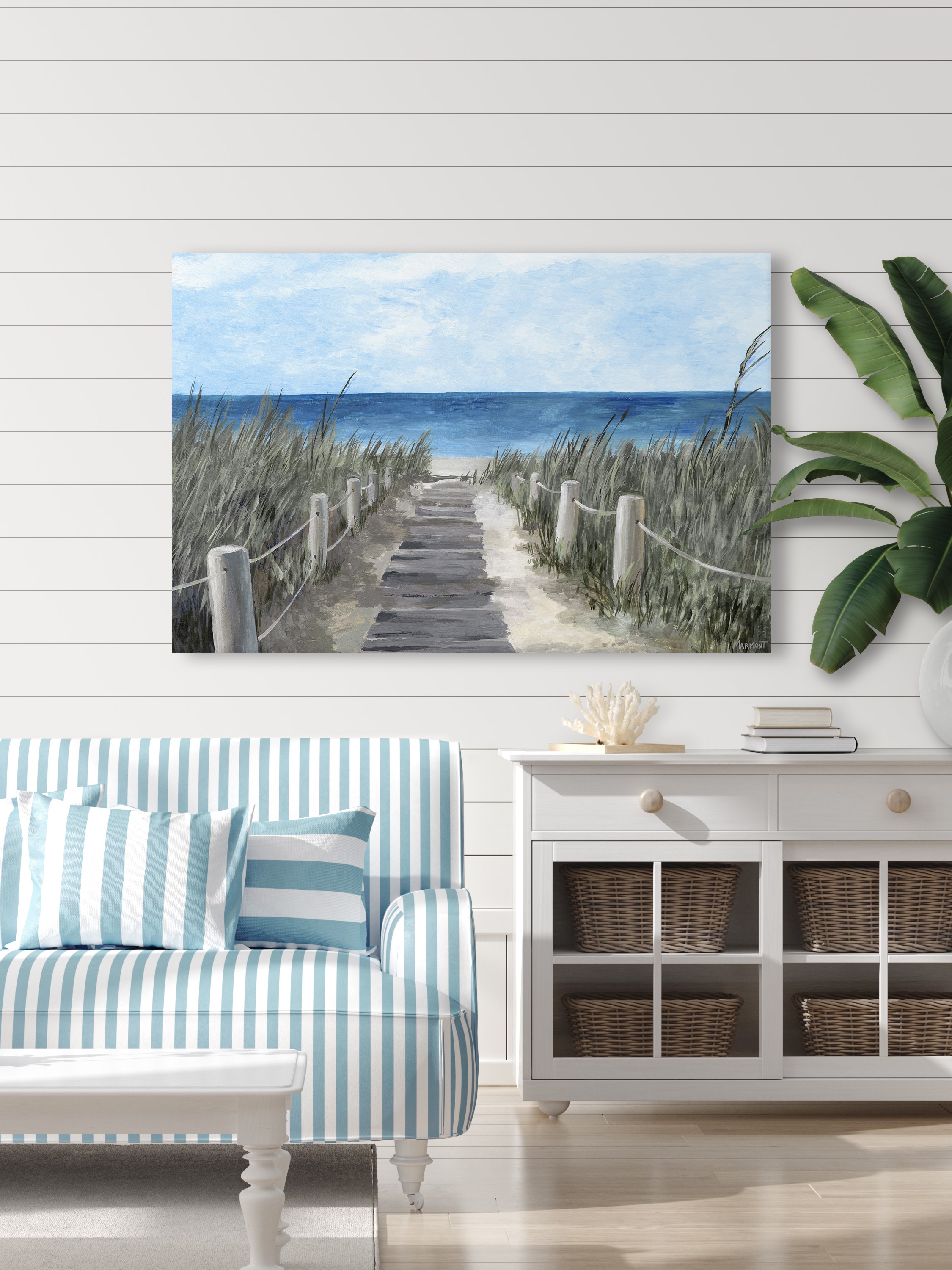 Beachside Wooden Path Wall Art: Bridge Boardwalk Stair Graphic Art on Wrapped Canvas for Wall Decor (18''x24'')