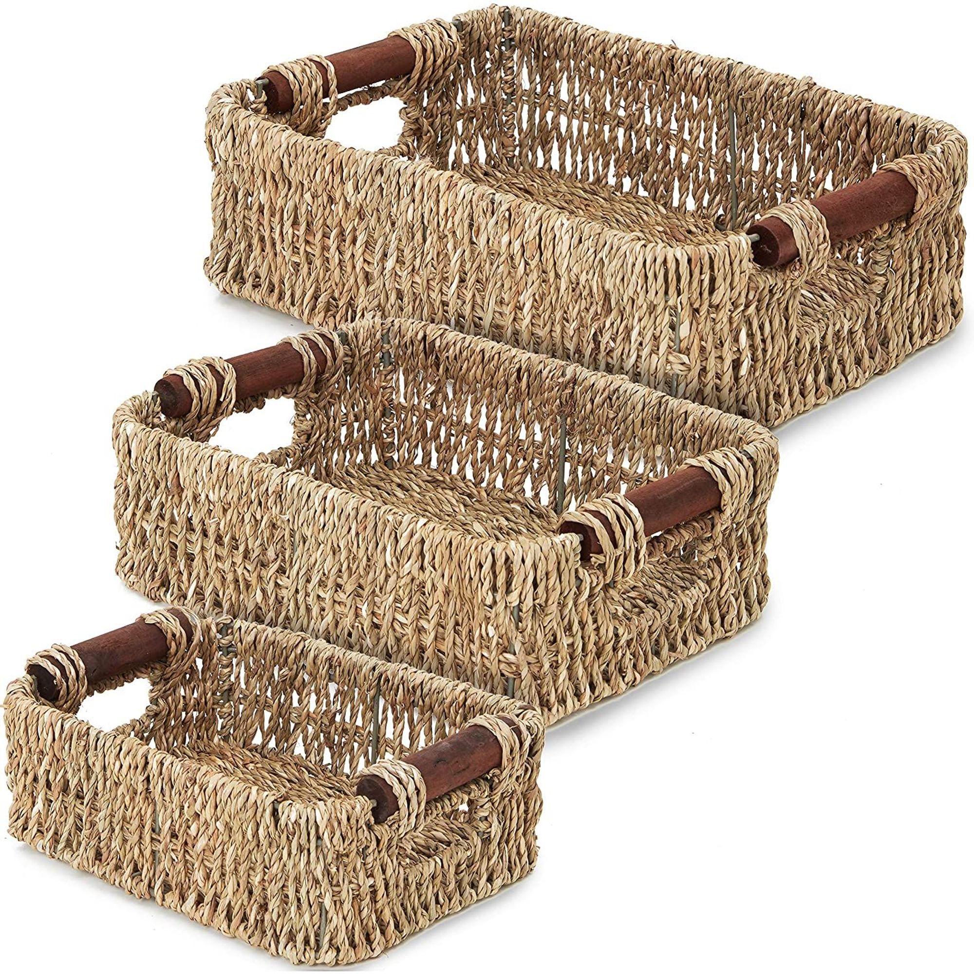 3Pack Brown Rectangle Woven Wicker Storage Basket Container Organizer