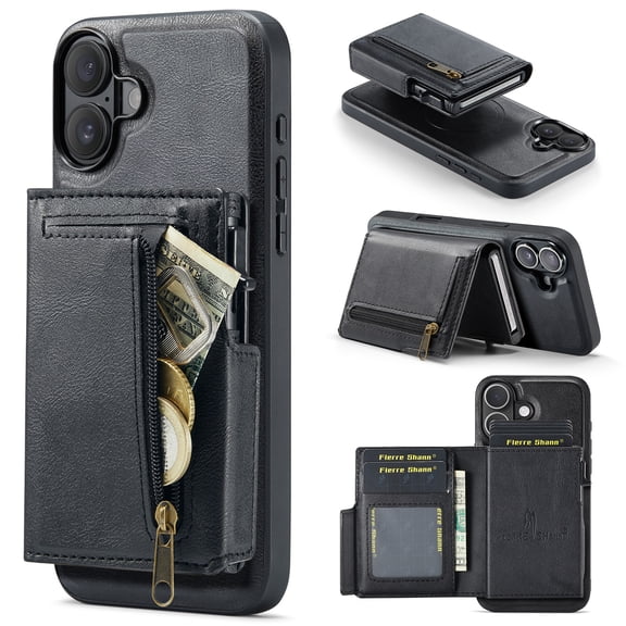 Allytechgroup Wallet Case for iPhone 16 Plus, Built-in Card Holder PU Leather Shell Non-Slip Anti-Fingerprint Suppoort Wireless Charging Shockproof Protective Bumper for Women Men, Black