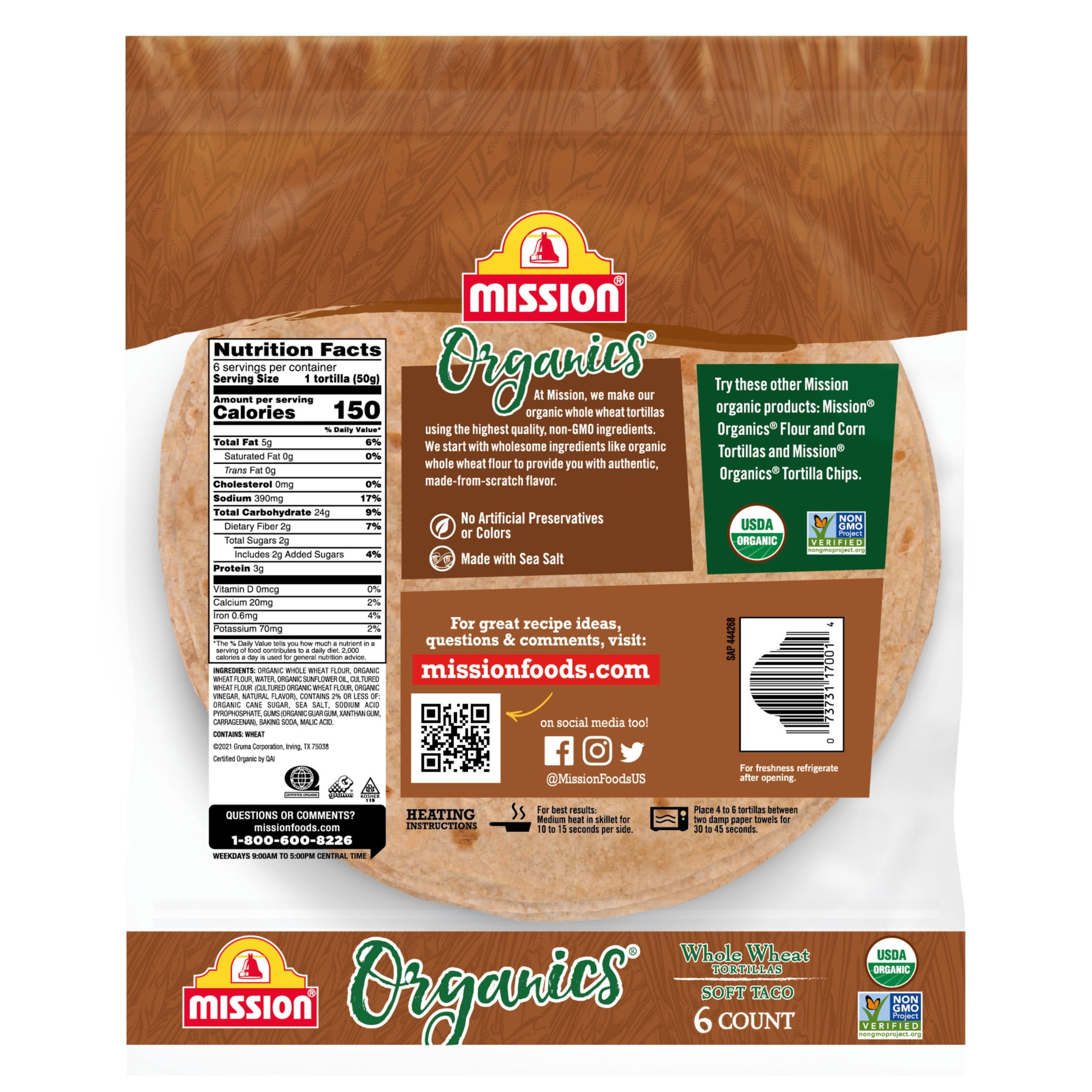 Mission Organics Whole Wheat Flour Tortillas, Soft Taco Size, 6 Count