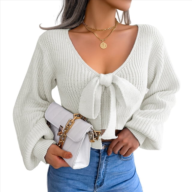 Suéter de Punto Acanalado con Lazo y Larga para Mujer, Top Corto con Cuello en V para Otoño e Invierno. M