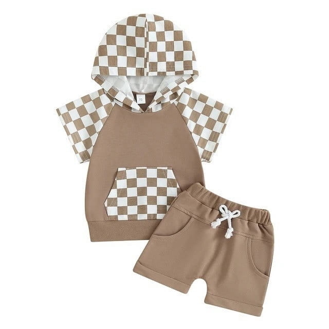 Odeerbi 3M-3Y Conjunto de Verano Para Niños Sudadera Con Capucha de Cuadros Escoceses Y Manga Corta Pantalón Corto Conjunto de Dos Piezas Tops Con Capucha Cuadros de Colores