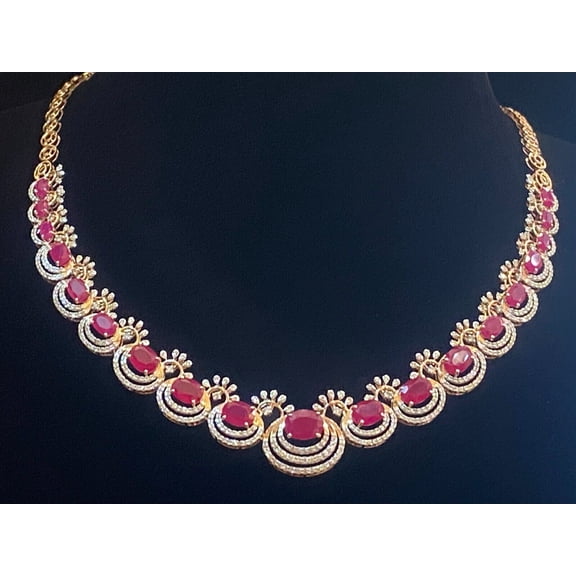 Pave 2.60 Cts Round Brilliant Cut Natural Diamonds Ruby Necklace In Hallmark 14K Rose Gold