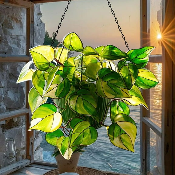 Pothos Plant Acrylic Suncatcher, Faux Plant Garden Haging Decor, Stained Glass Window Hanging for Plant Lover Botanical Theme Home Art Decor
