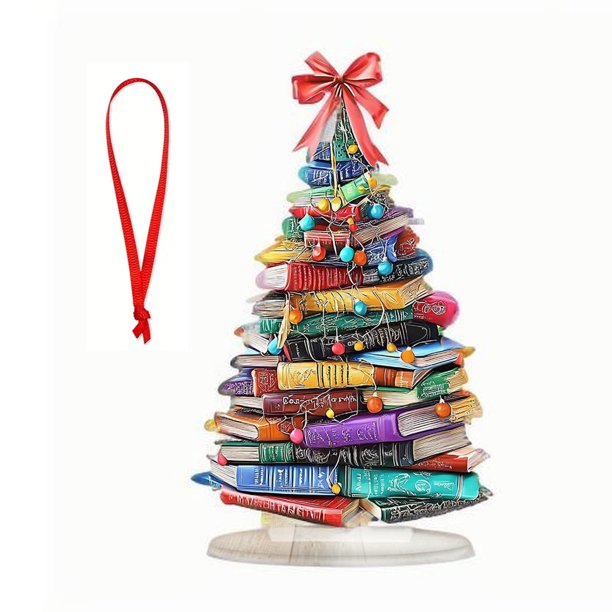 Inspirational Acrylic Christmas Tree Book Stack Desktop Ornament for Home Office Decor, Motivational Holiday Tabletop Decoration Gift for Readers Book Lovers