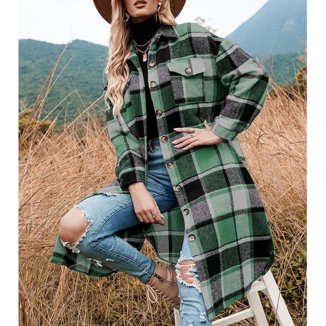 Camisa Larga De Franela A Cuadros Para Mujer, Bolsillos Cubiertos Camisas Largas De Franela A Cuadros Cómodas Solapas Sueltas Con Botones Divididos Laterales Para Viajar Para La ANGGREK Verde XXL