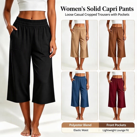 Sokhug Womens High Waist Wide Leg Capri Pants Elastic Waist Casual Lounge Trousers Soft Knit Fabric Casual Cropped Trousers with Pockets High Waist Loose Sweatpants