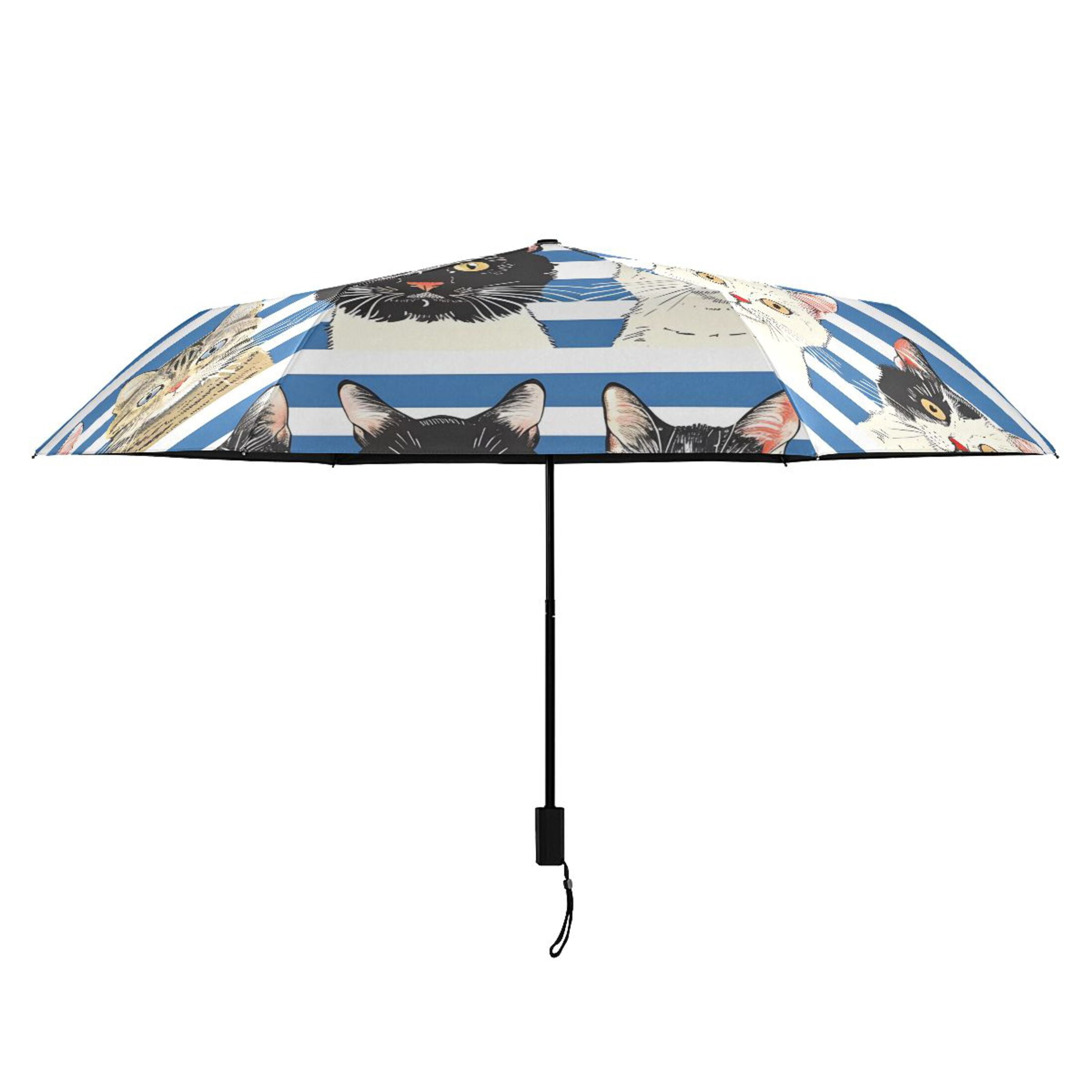 Cats with Blue White Striped Compact Sun Umbrella Windproof Travel Umbrellas for Rain Strong Portable UV Protection
