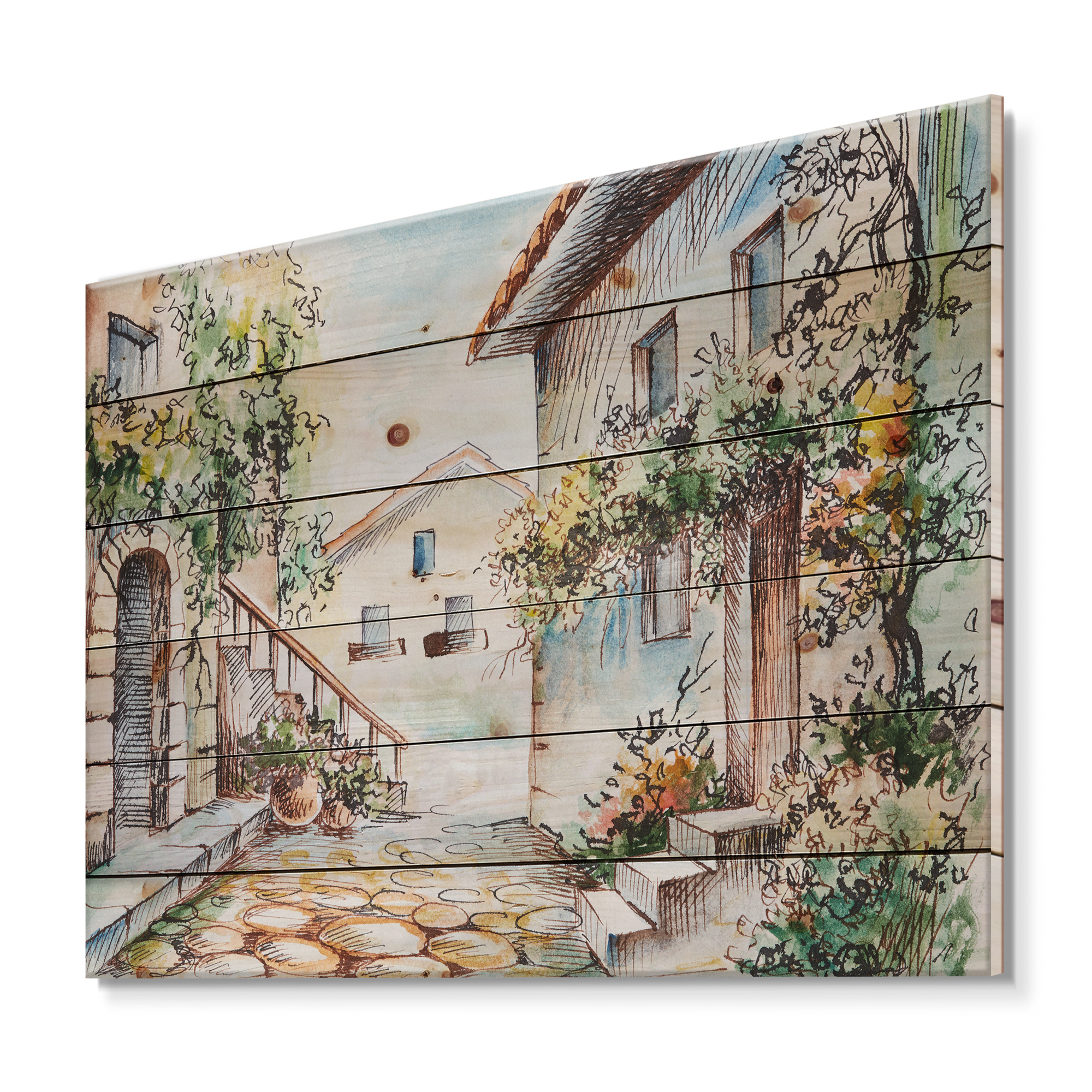 Designart 'Sunny Day At The Vintage City Cozy Street' Traditional Print on Natural Pine Wood