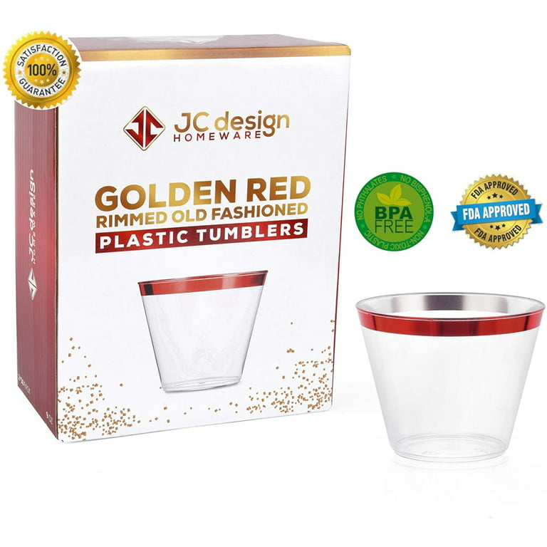 Perfect Settings 100 Pk 16 oz Hard Clear Plastic Cups | Red Foil Colored Rimmed Plastic Cups | Fancy Disposable Wedding Cups Elegant Party Cups