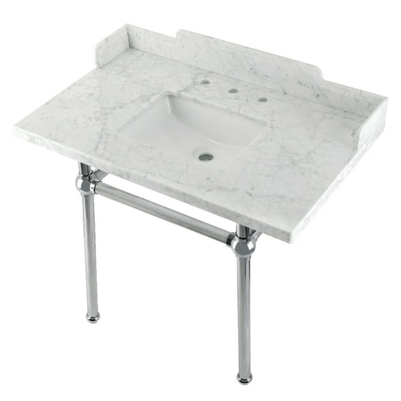 Kingston Brass LMS3630MBSQ1 Pemberton 36" Carrara Marble Console Sink with Brass Legs (8-Inch, 3-Hole), Carrara Marble White/Polished Chrome