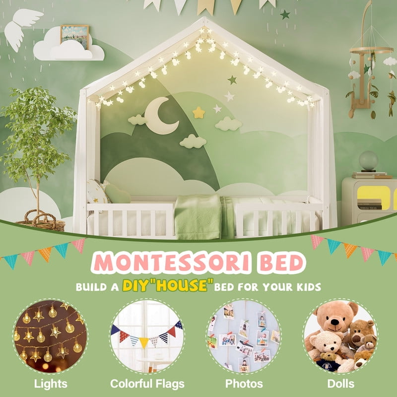 Mirightone Twin Toddler Bed Frame with Rails, Montessori Floor Bed, Wood House Twin Canopy Bed Frame, Twin Bed Frame for Girls Boys, White