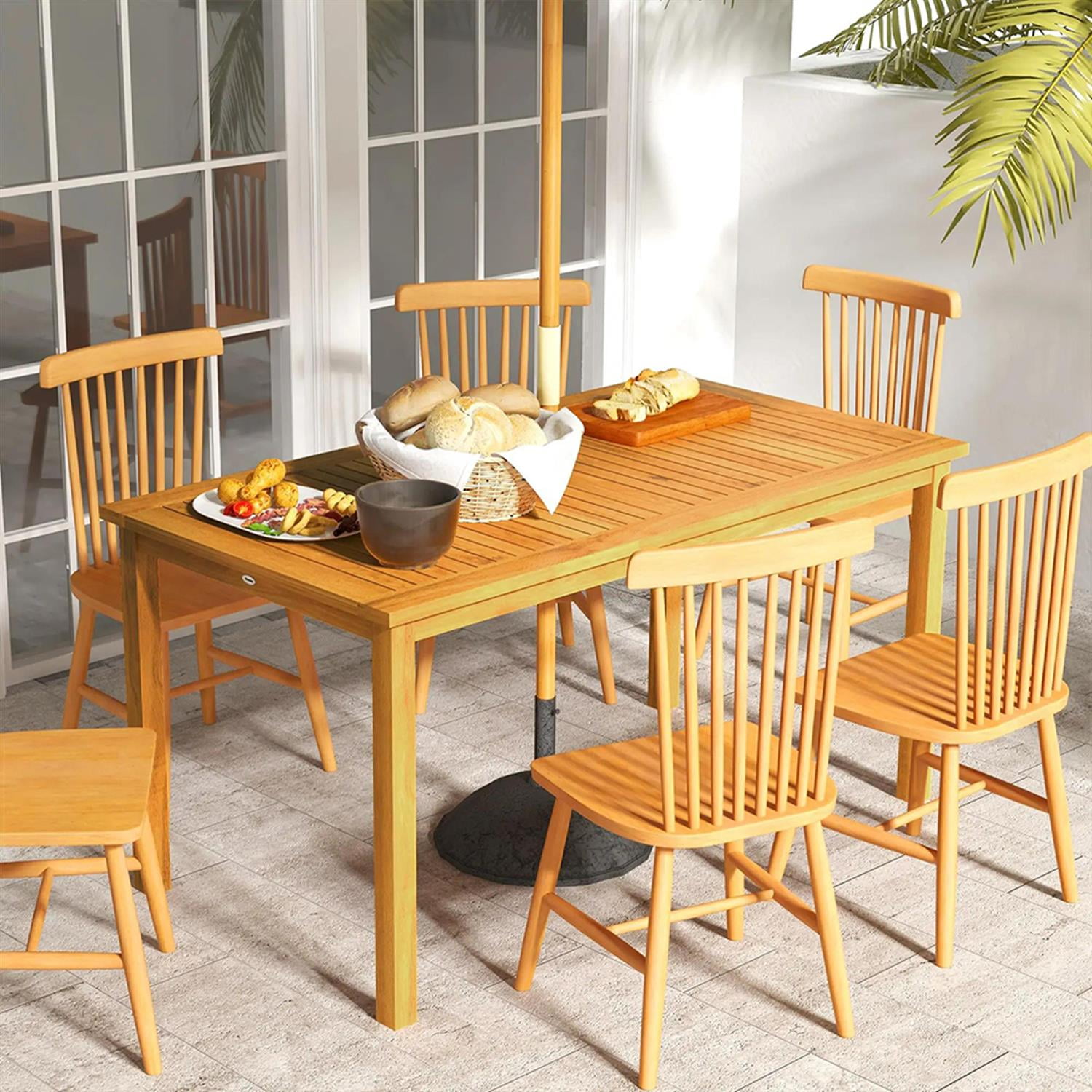 Demi Bonn 6 People Outdoor Dining Tables with Umbrella Hole, Acacia Wood Rectangle Patio Table, Garden Dining Table for Backyard, Lawn, Porch, Brown