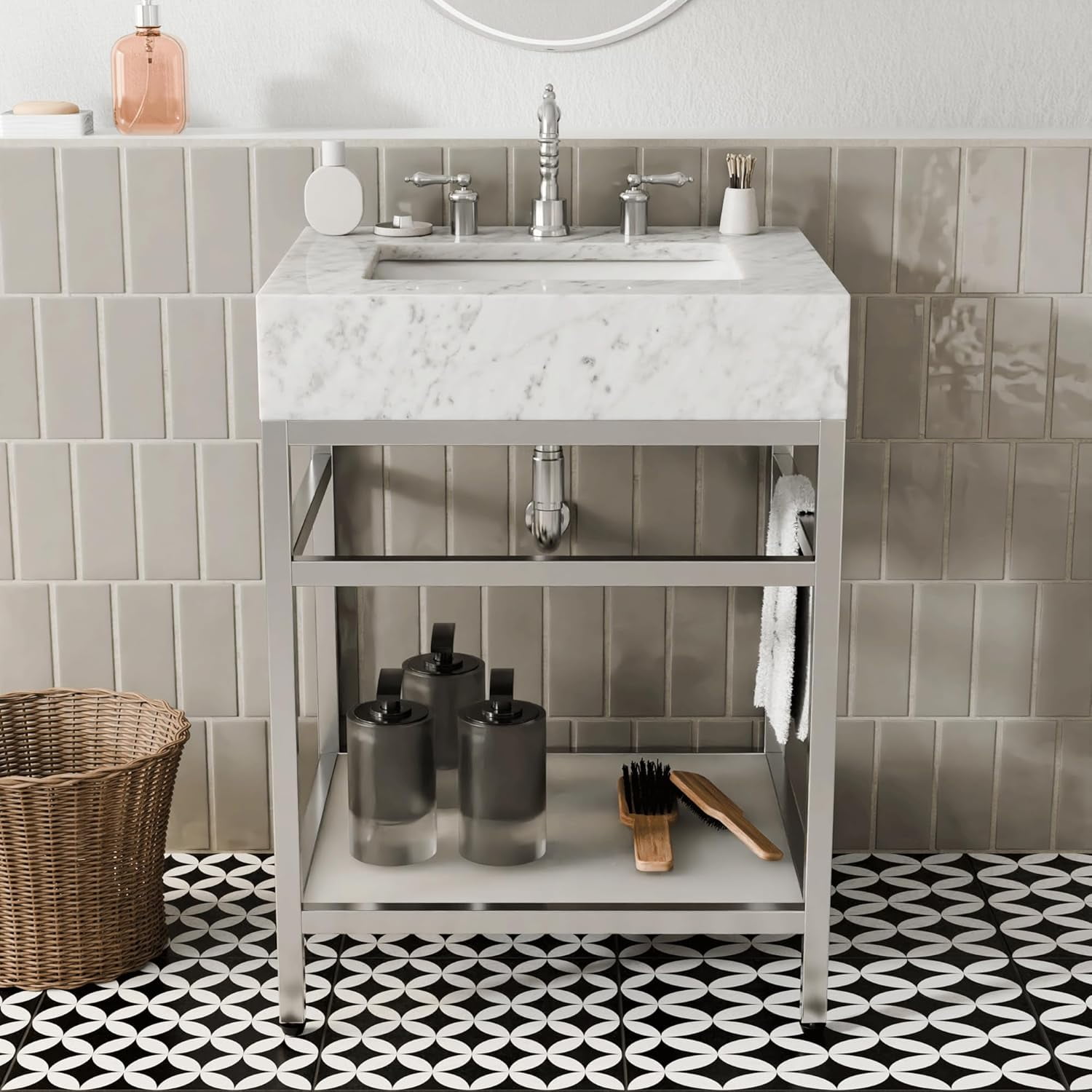 GGISHA 24"x 21"Freestanding Bathroom Vanity with Sink,Carrara Marble,Silver Frame,Tempered Glass Shelf