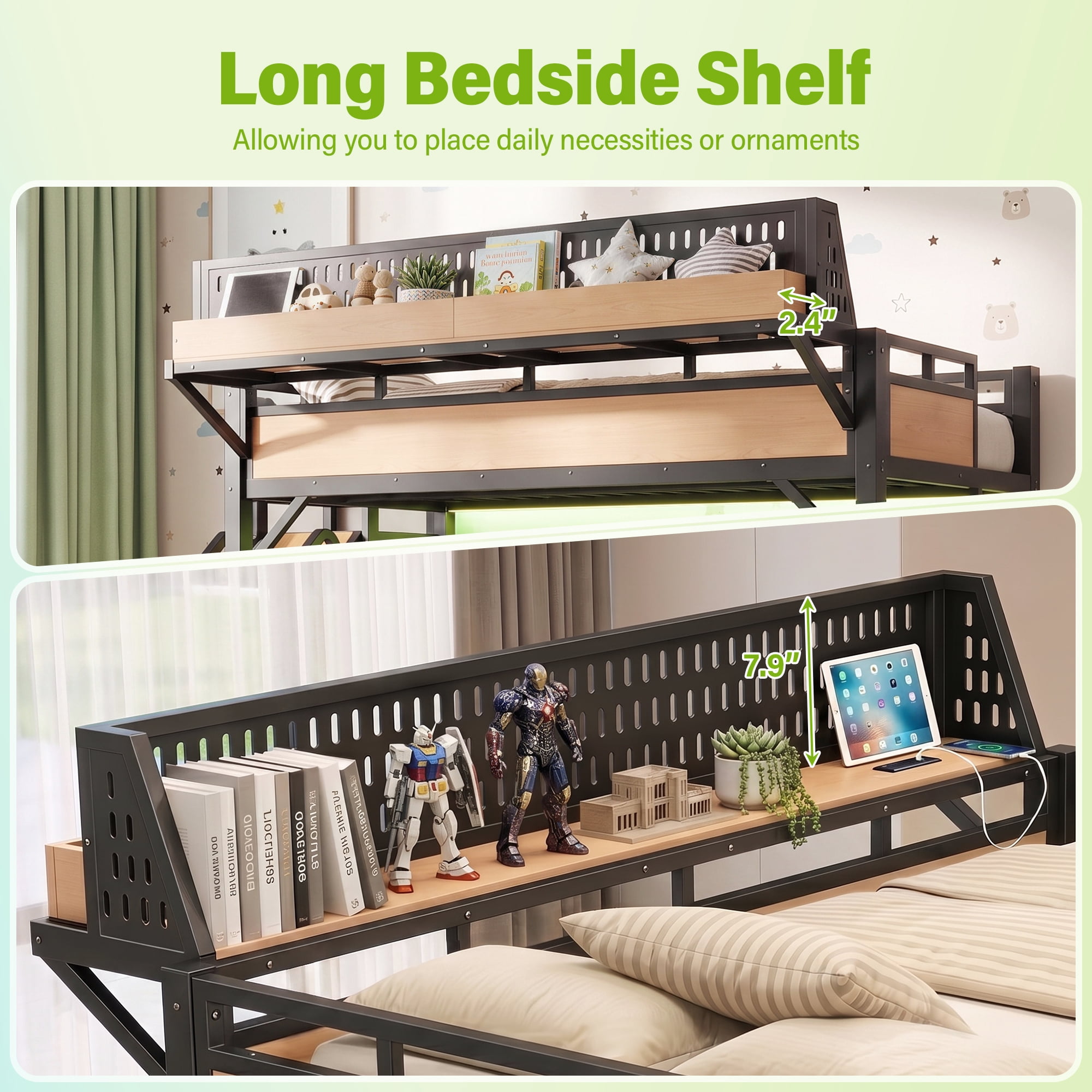 Aukfa Twin XL Loft Bed with Slide, Shelves, Wardrobe, USB Ports & LED Lights, Heavy-Duty Metal Bed Frame for Kids Teens Adults, Natural