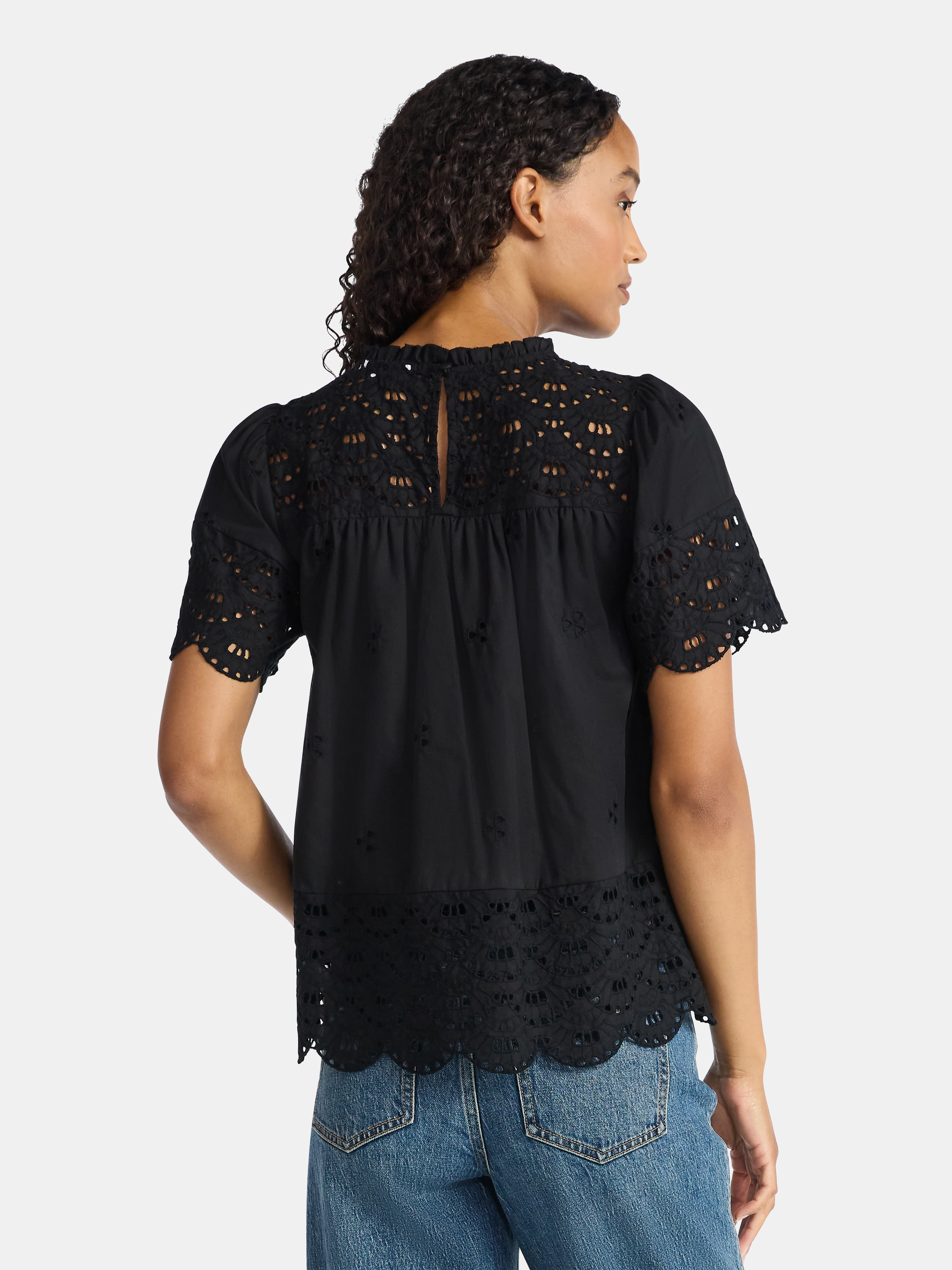 Time and Tru Women's Cotton Eyelet Top with Short Sleeves, Sizes XS-XXXL