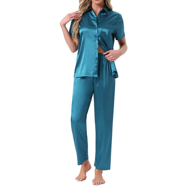 Conjunto de pijama de satén para mujer INSPIRE CHIC, camisa de botones de manga corta con solapa y pantalones, conjunto de ropa de casa de 2 piezas, XL azul pavo real