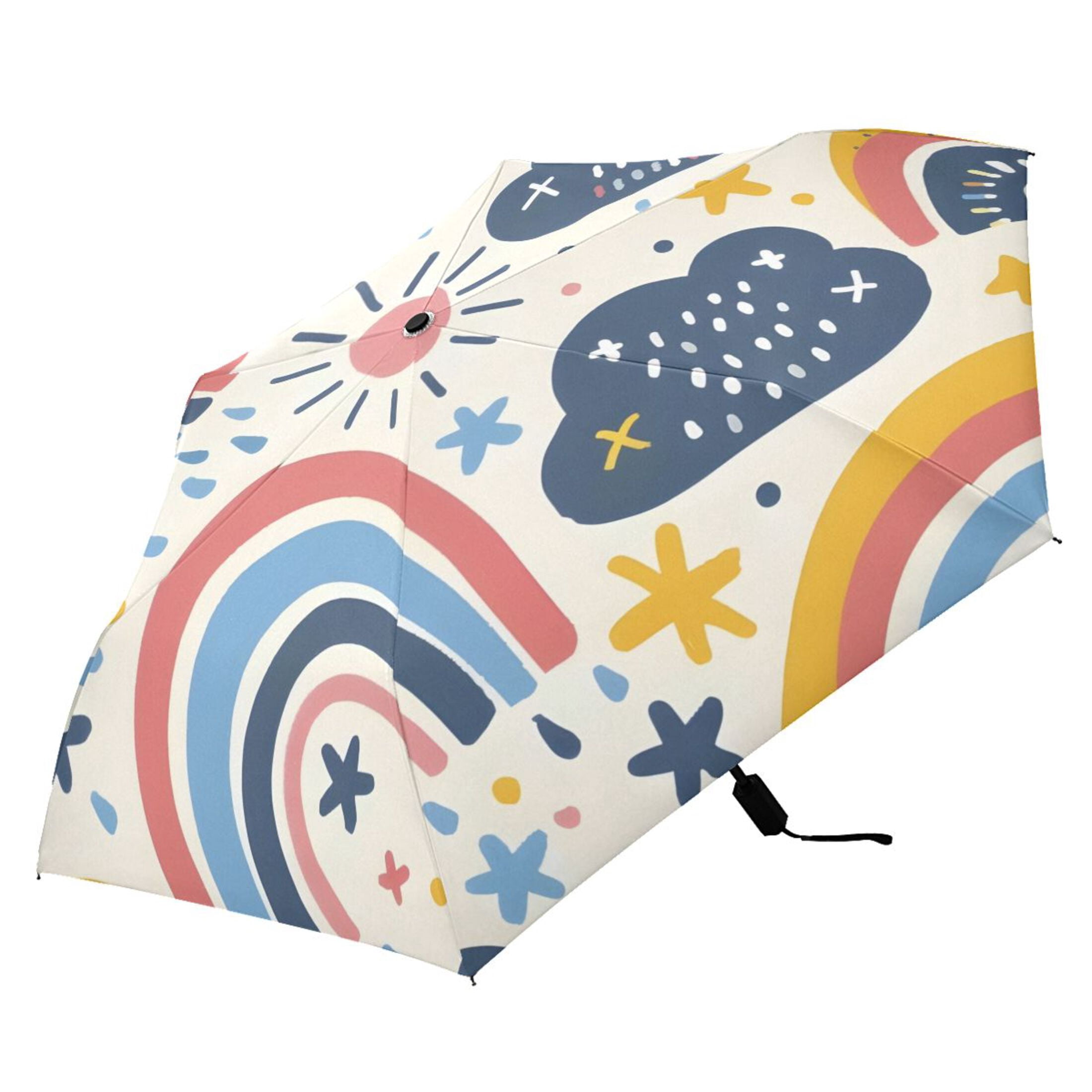 Rainbows Clouds Stars Sun Doddle All Weather Umbrella Triple Folding Parasol 6 Ribs UV Protection Portable