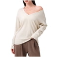 thumbnail image 3 of Top de encaje color crema,Camiseta deportiva de manga larga con cuello en V para mujer, mezcla de algodón transpirable, corte holgado para hacer ejercicio y usar en casa, sopatenor, 3 of 9