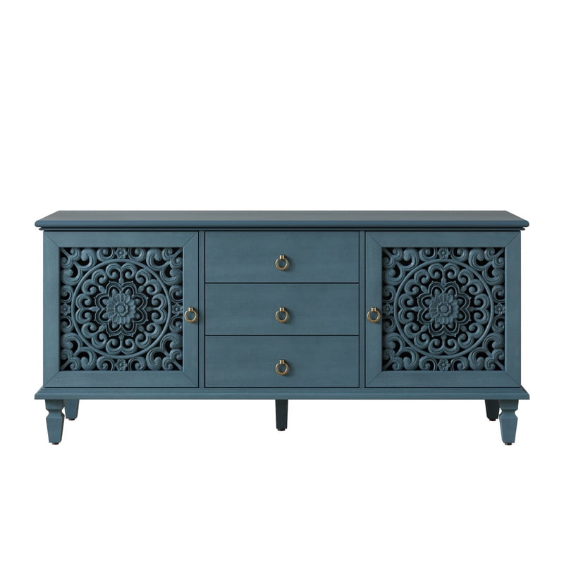 Vintage TV Stand with Carved Doors for 65'' TVs, Freestanding Storage Cabinet Media Console with Drawers & Adjustable Shelf