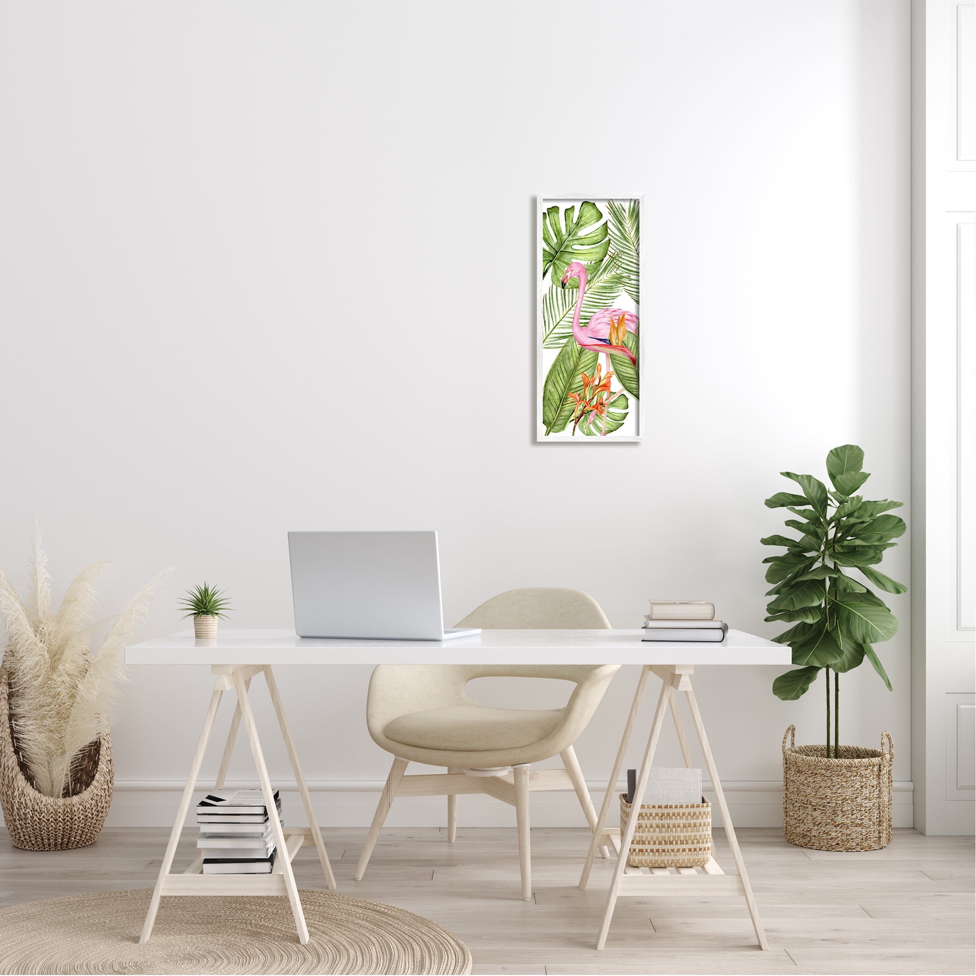 Stupell Industries Tropical Plants & Flamingo Animals & Insects Painting White Framed Art Print Wall Art, 10 x 24