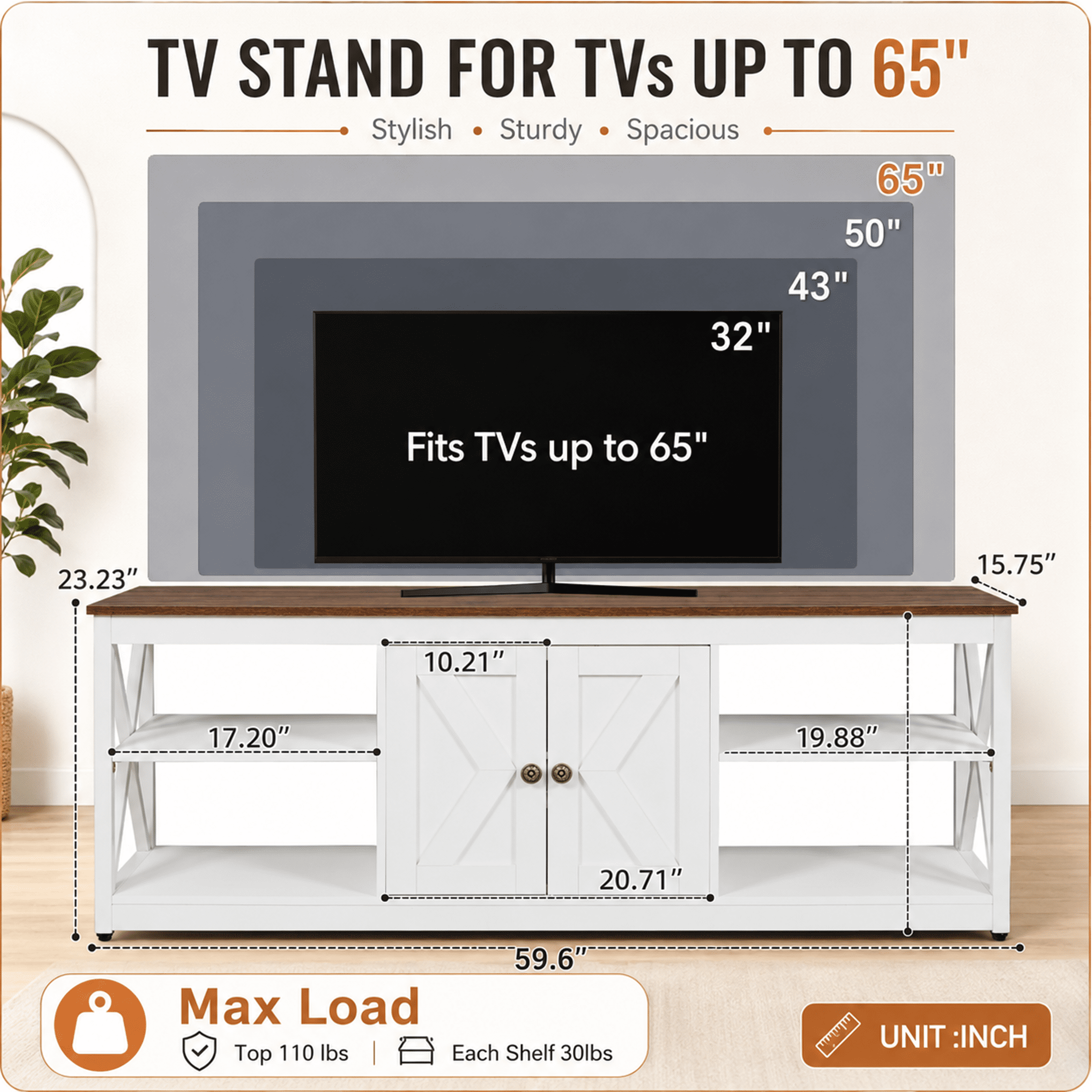 PAPROOS TV Stand for 65 Inch TV, Modern Farmhouse TV Cabinet with LED Light,  Entertainment Centre with Storage Spacefor Living Room,Brown+White
