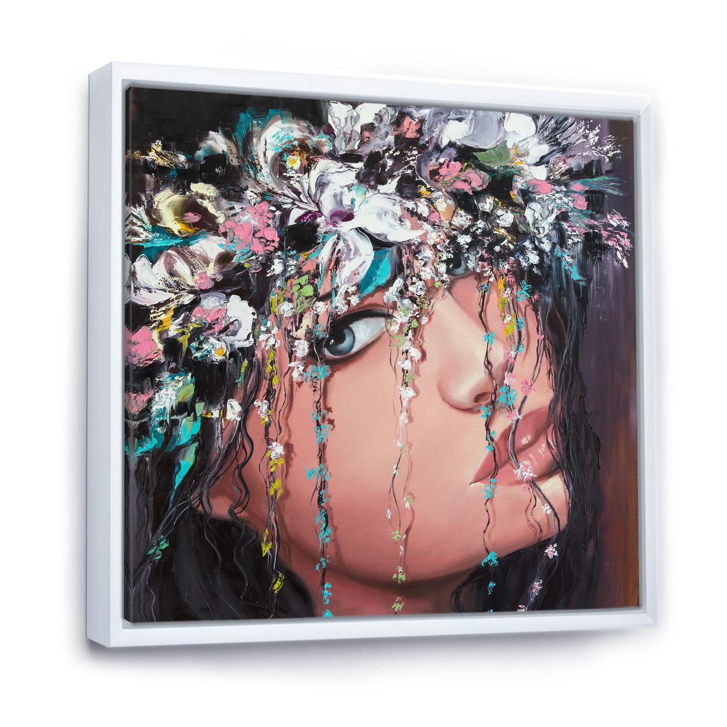 Designart Portrait Of A Young Lady With Flowers II FLOAT FRAME WALL ART