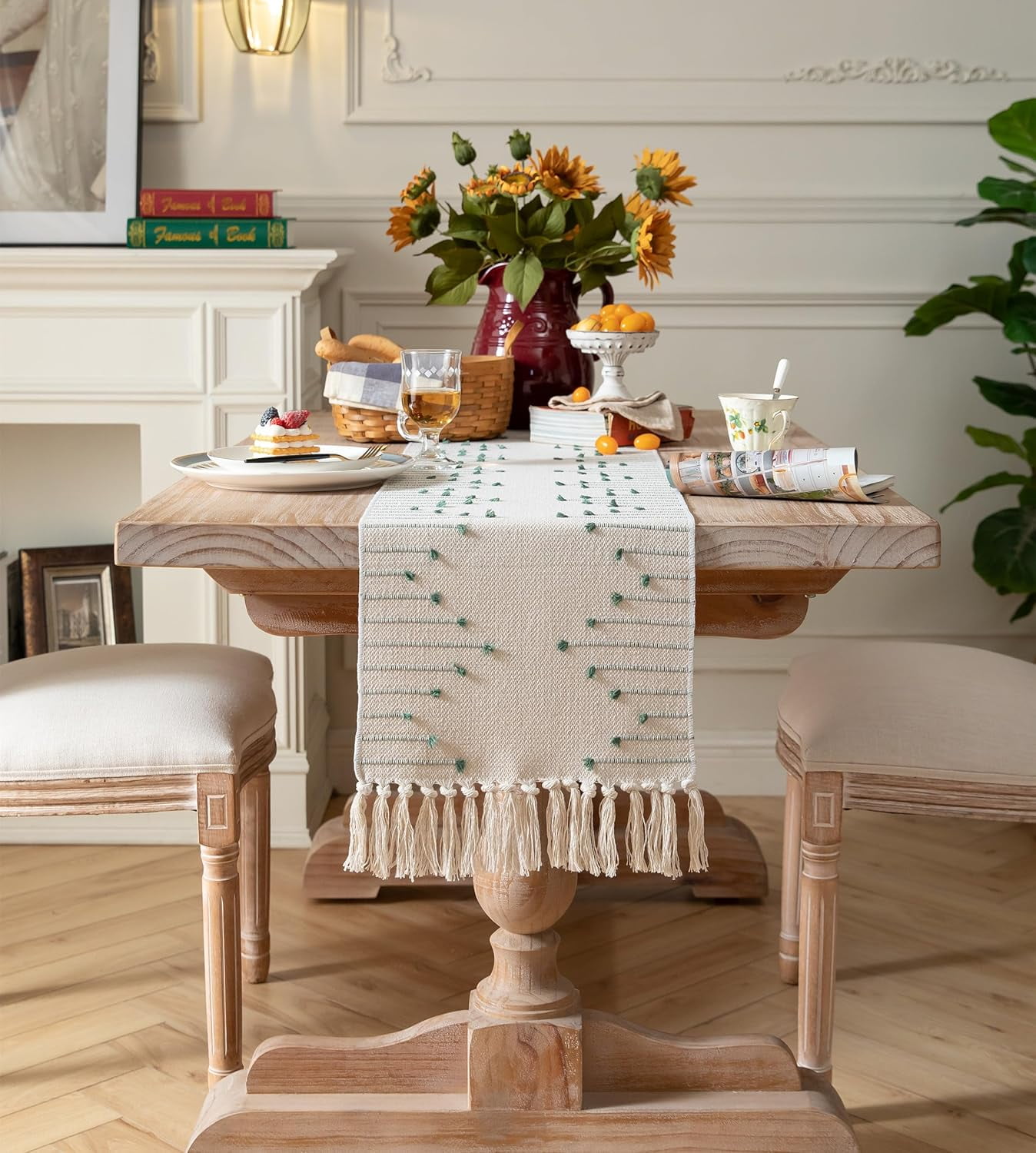 Boho Table Runner 13 x 90 Inch Long Natural Cotton Woven Runner with Tassels for Home Dining Table décor, for Modern Farmhouse Decor Coffee Table Runner, Taupe and Beige