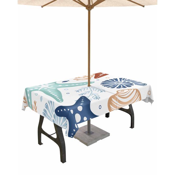 Outdoor Tablecloth with Umbrella Hole for Patio/Picnic/Party/Camping, Teal Blue Brown Starfish Coastal Waterproof Table Cloth Rectangle Table Cover, Summer Beach Nautical Coral Sea (52"x 70")