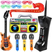 13 Pcs Inflatable Rock Star Party Props,Inflatable Guitar Mobile Phone Inflatable Boombox Saxophone Microphones Glasses for 80's 90's Theme Rock and Roll Party Decoration