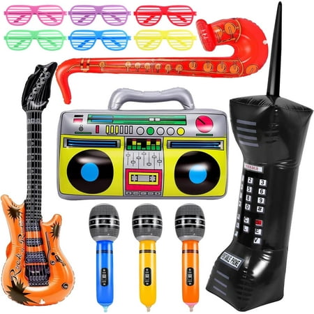 13 Pcs Inflatable Rock Star Party Props,Inflatable Guitar Mobile Phone Inflatable Boombox Saxophone Microphones Glasses for 80's 90's Theme Rock and Roll Party Decoration