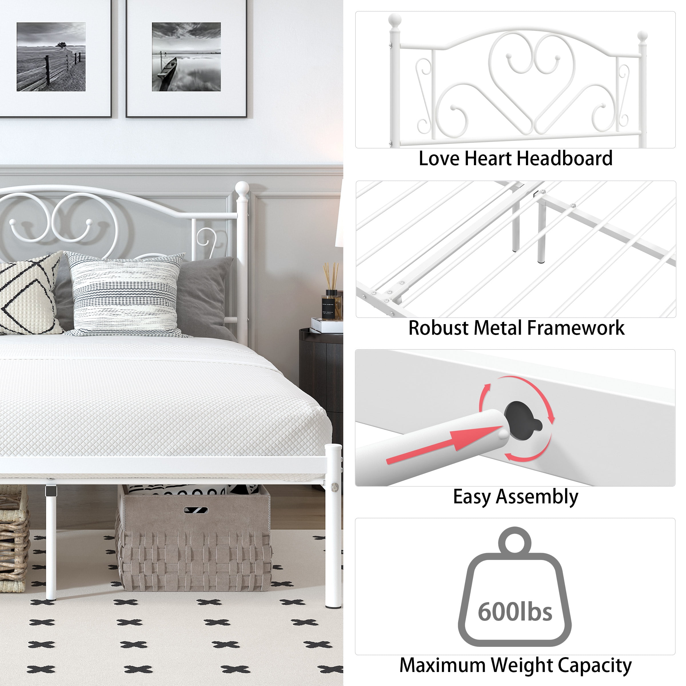 Yoneston 12” Full Size Heavy Duty Metal Platform Bed Frame with Love-Heart Shape Headboard for Bedroom Furniture, White