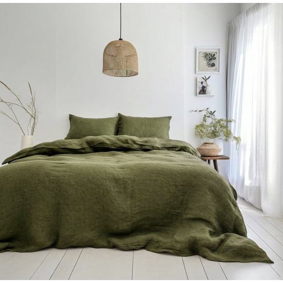 Q VITA Reversible Linen Duvet Cover Bedding Set, Full/Double Size, 3-Piece for Adults – Olive Green Color, Enzyme Washed, OEKO-TEX Certified, Eco-Friendly