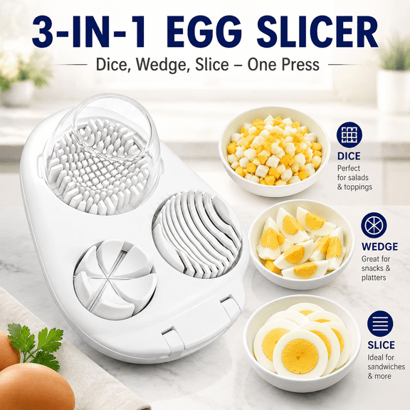 3-in-1 Egg Slicer for Hard Boiled Eggs, 3 Slice Modes Heavy Duty Stainless Steel Dicer, Kitchen Chopper Tool for Strawberry Mushroom Grape Cherry Tomato, White