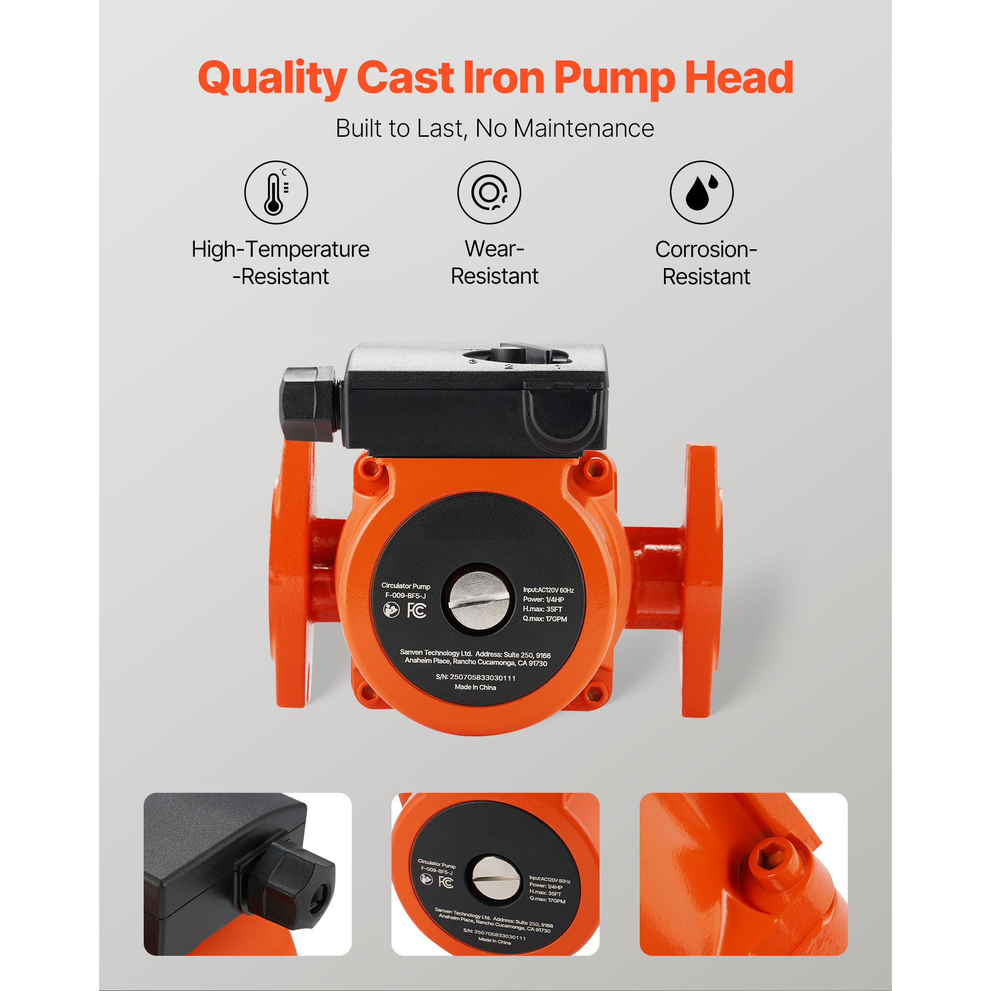 KFFKFF Cast Iron Circulator Pump, 17 GPM, AC 120V, 35 ft Hot Water Recirculation Pump, 3/4-Inch Flange Connection, 3-Speed Settings, Low-Noise Design, Suitable for Home Heating Systems