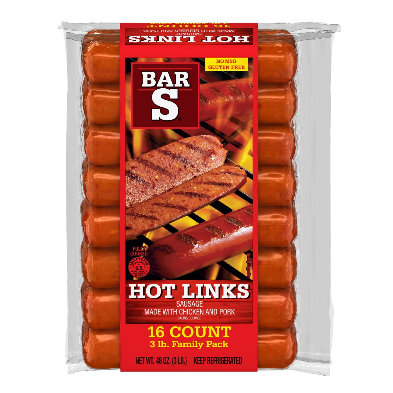 Bar- S Hot Links Sausage, High Protein,3 lb, 16 Count