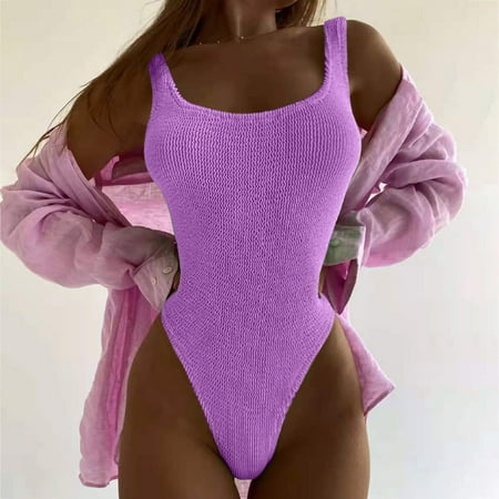 Rigardu Hot Sale!! Women s One Piece Swimsuit Solid Ribbed Monokini Swimwear Scoop Neck Low Back Bathing Suit Tummy High Waisted Bathing Suit Wrap Tie Back Monokini Swimwear Purple S
