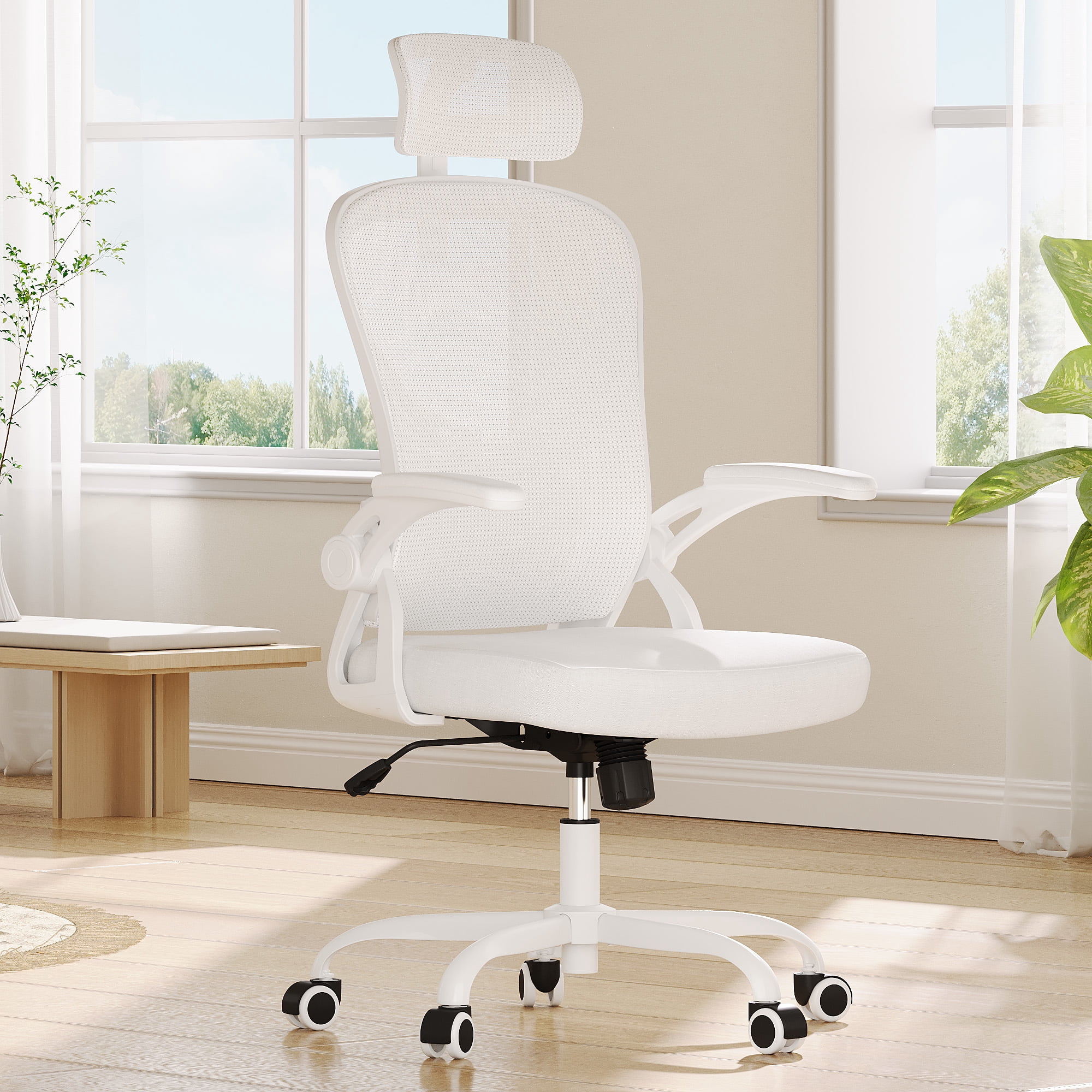 MAYEERTY Ergonomic Home Office Chair with Headrest, Flip-Up Armrests, Adjustable Lumbar Support, White