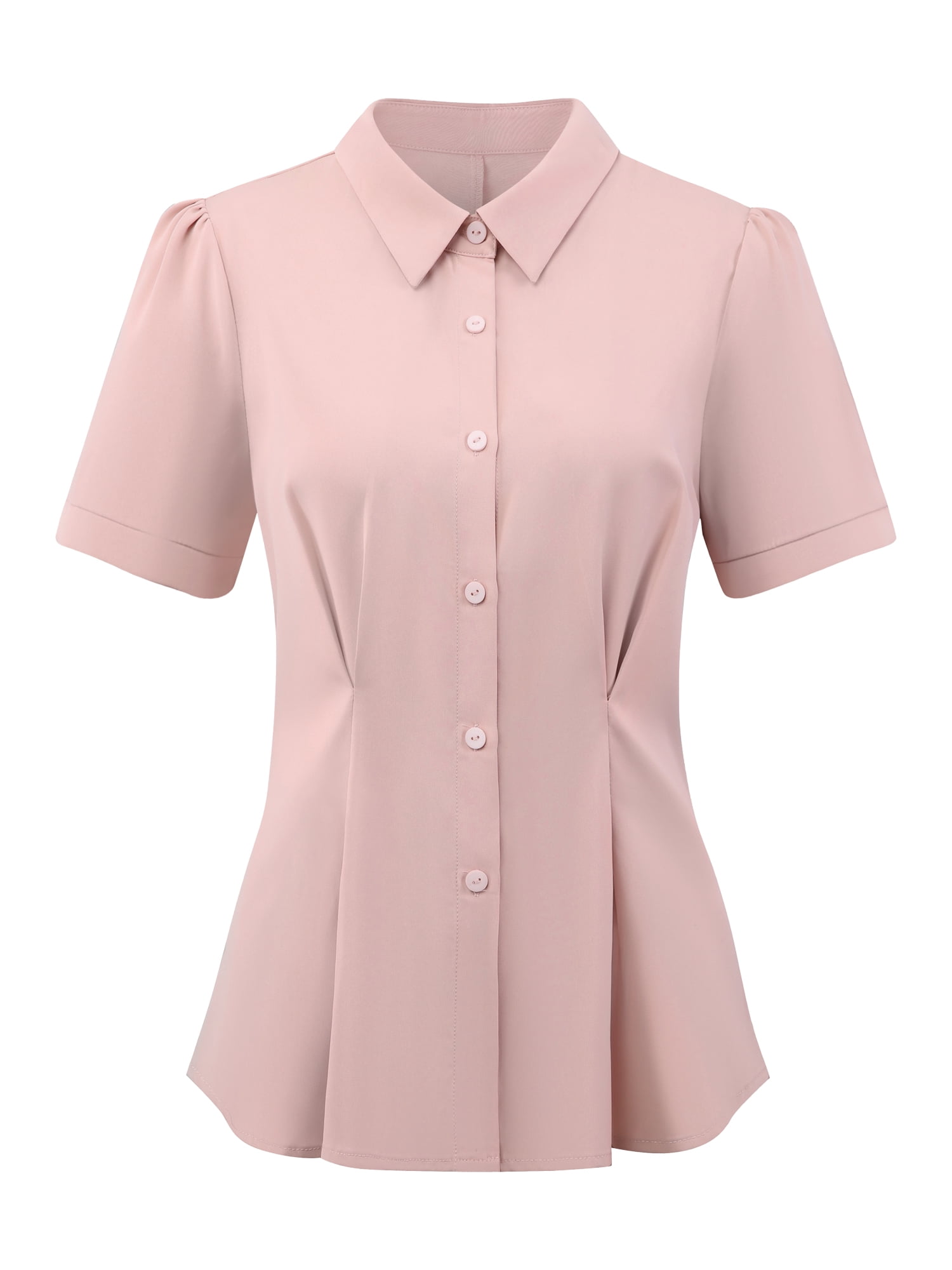 DARING DIVA Women's Button Down Short Sleeve 2026 Summer Pleated Front Blouse L Pink