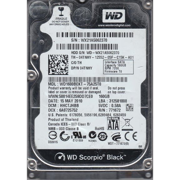 WD1600BEKT-75A25T0, DCM HHCTJHBB, Western Digital 160GB SATA 2.5 Hard Drive