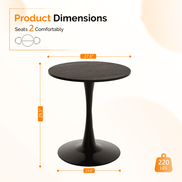 Round Tulip Dining Table, 27.6 Inch Circular Kitchen Table for 2 People, Melamine Laminated MDF Tabletop with Metal Pedestal Base, Easy Assembly Breakfast Table for Dining Room, Apartment, Black