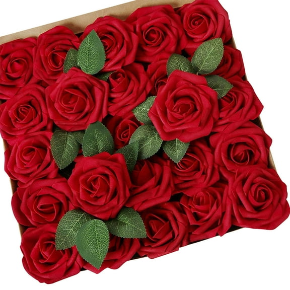 Artificial Flower Dark Red Rose 50pcs Real Looking Fake Roses w/Stem for DIY Wedding Bouquets Centerpieces Arrangements Party Baby Shower Home Decorations