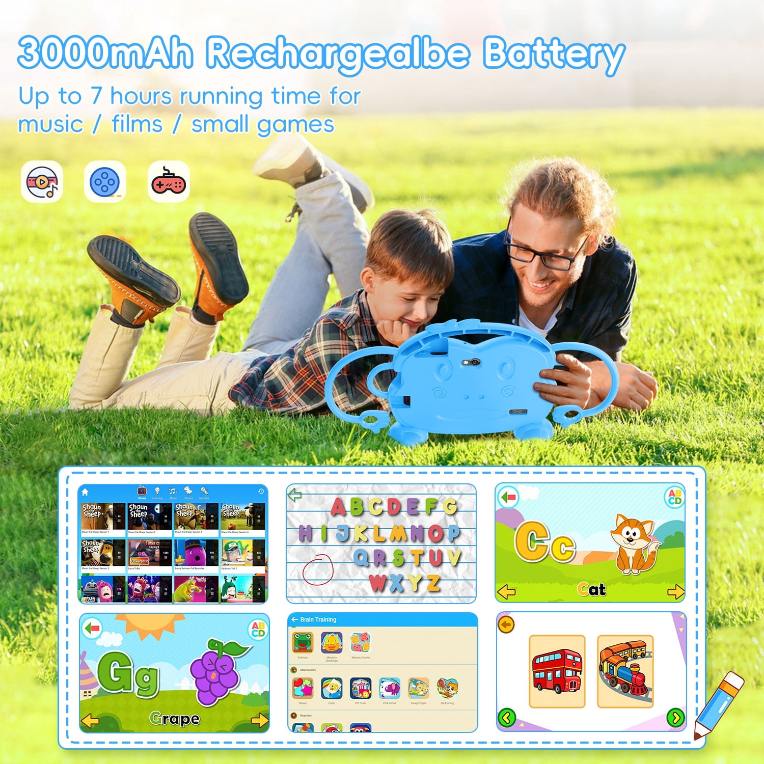 Kids Tablet, 7 inch Android Tablet for Kids, 6GB RAM 32GB ROM Quad-Core Toddler Tablet with Shockproof Case, Bluetooth, WiFi, Parental Control, 2MP+2MP Dual Camera, GPS, Games