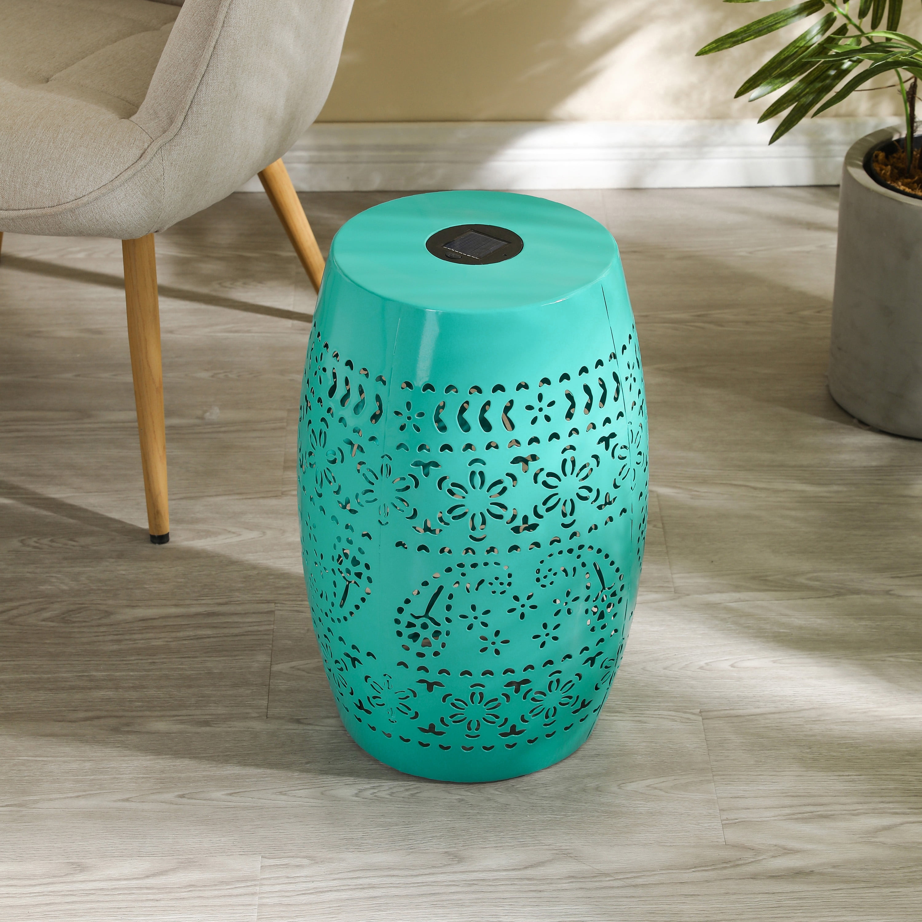 Solar Side Table, Outdoor Side Table with Built-In Solar Battery for Patio Garden Backyard, Teal