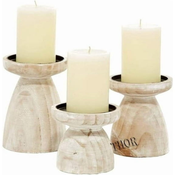 Natural Round Turned Candle Holders for Pillar Candles Set of 3 Vintage Style Mango Wood Candle Holder for Centerpiece for Dining, Living Room