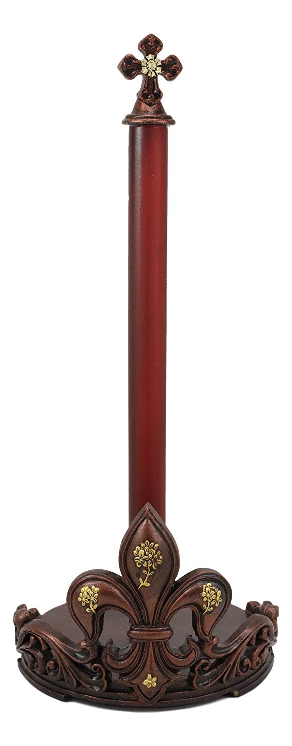 Ebros 16" Tall Rustic Vintage Fleur De Lis Cross Top Crown Paper Towel Holder