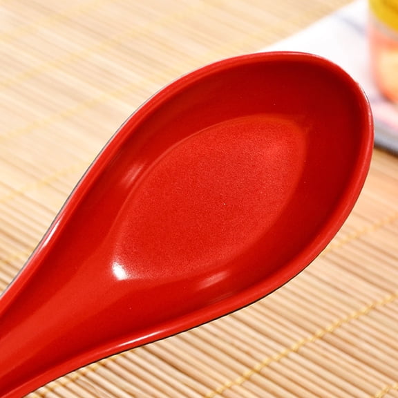 Asian Soup Spoons Long Handle with Hook Chinses Ramen Spoon Japanese Ramen Wontons Soba Rice Noodle Pho Kitchen,Heat-Resistant Shatterproof Asian Soup Spoons for Ramen,Pho,Dumplings,Red & Black,6.29"