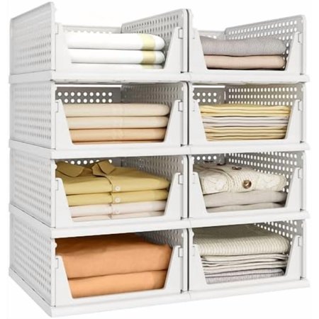 8 Pack Closet Organizers and Storage Plastic Stackable Storage Bins Foldable Drawer Shelf Storage Container for Wardrobe Kitchen Bathroom Dorm White