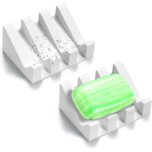 Porte-savon en Silicone avec Drain pour Douche et Salle de Bain, Porte-Savon en Barre, Plateau de Séchage Auto-Drainant en Cascade, Panier d'Évier de Cuisine Porte-Éponge, Blanc, 2 Pcs