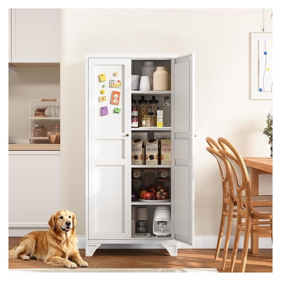 61 Inch Kitchen Pantry Storage Cabinet, White Metal Pantry Cupboard with 2 Doors, Adjustable Shelves for Food Storage, Heavy Duty Pantry Organizer for Pantry